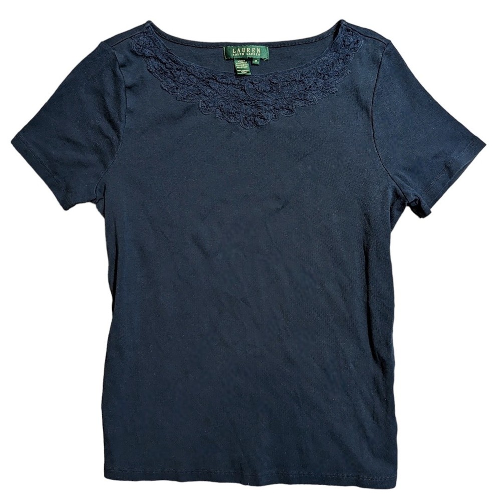 Lauren Ralph Lauren Embroidered Floral Blouse Shirt Short Sleeve Navy Blue Sz M